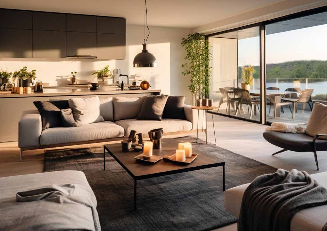 Salon moderne avec cuisine ouverte et vue lac