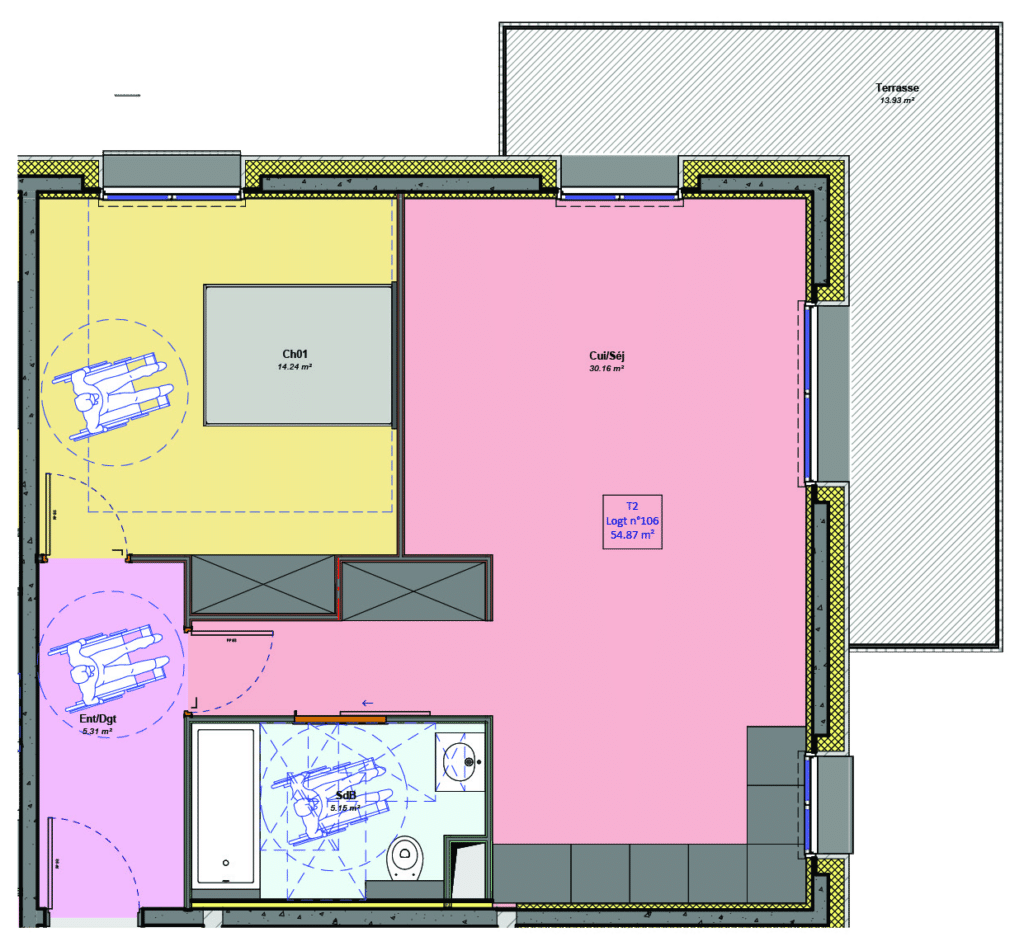 Plan d'appartement T2 avec terrasse 54,87 m²