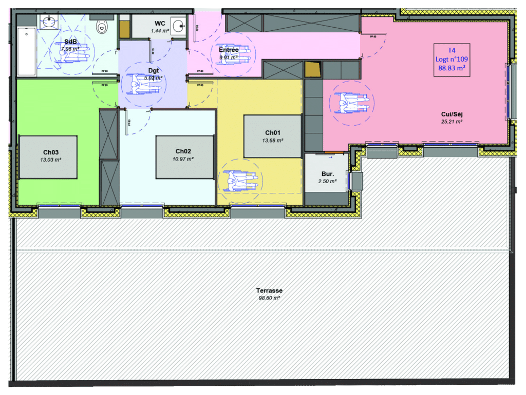 Plan d’appartement T4 avec grande terrasse